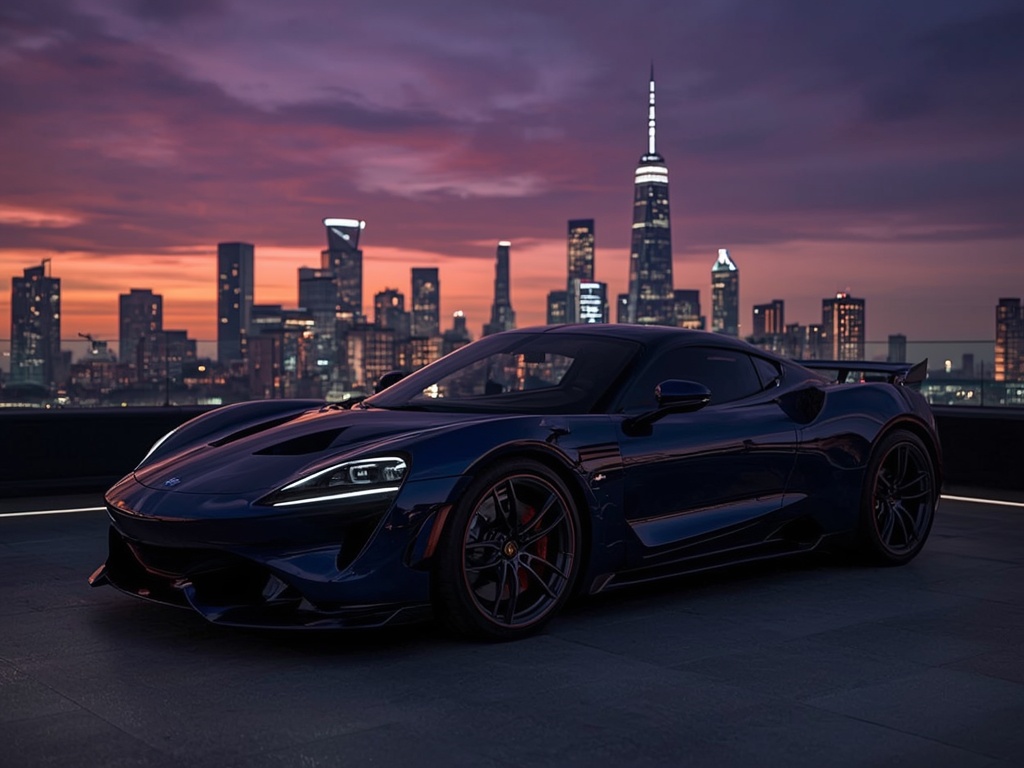 Midnight Velocity: Glossy Blue Sports Car at Dusk