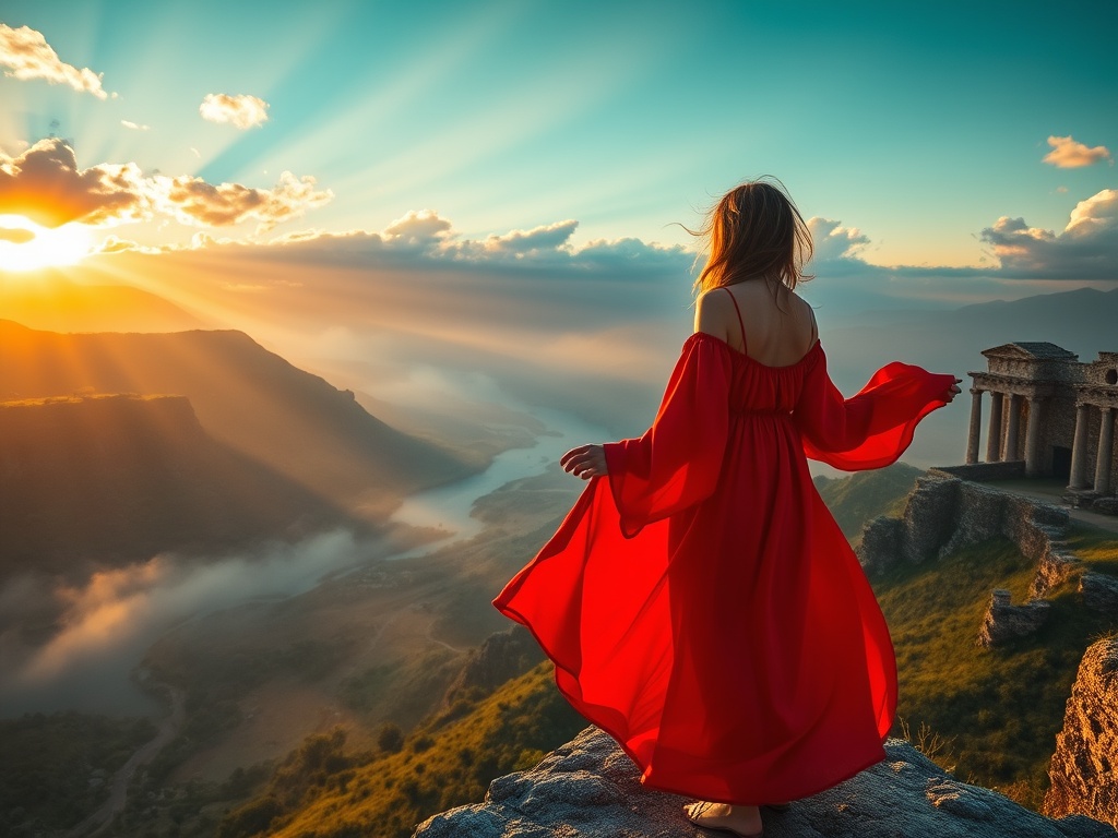 Misty Valley Sunrise Over Ancient Ruins