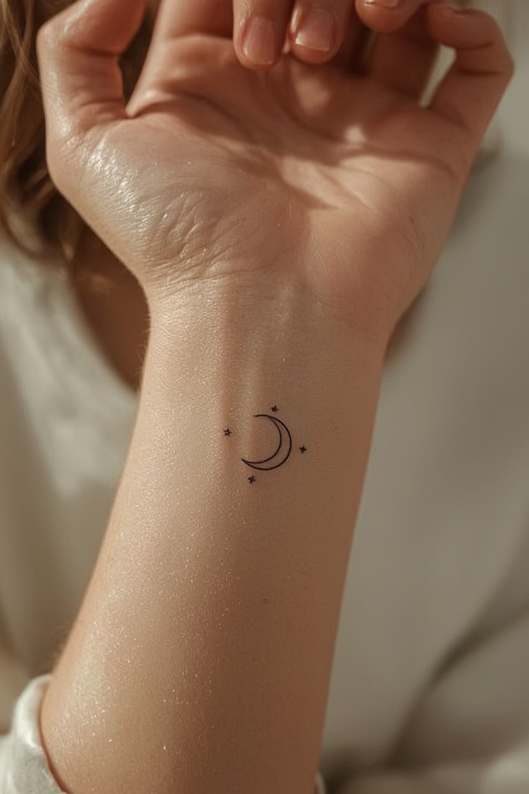 Moonlit Minimalism: A Tiny Wrist Tattoo