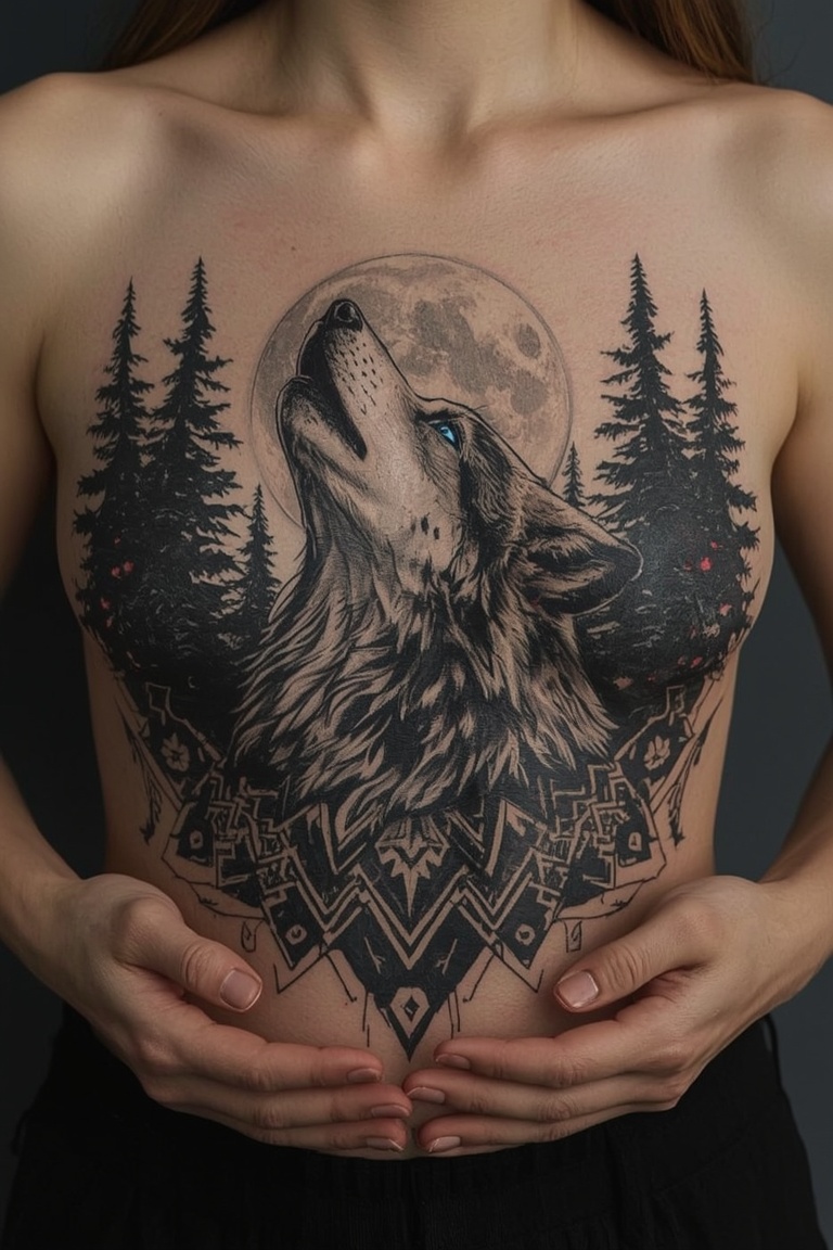 Moonlit Wolf Geometric Tattoo Design