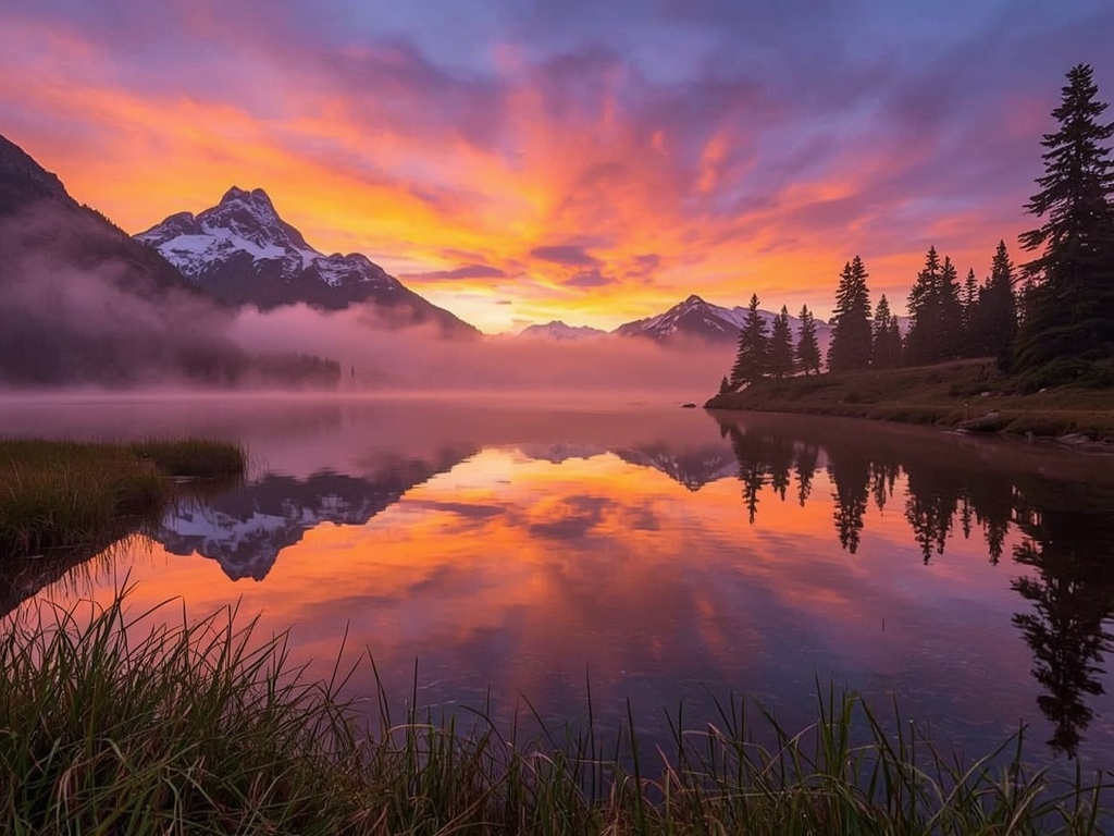 Morning Serenity: Reflections of a Mountain Lake at Sunrise