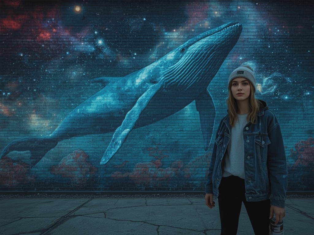 Neon Depths: A Cosmic Whale Emerges on Concrete