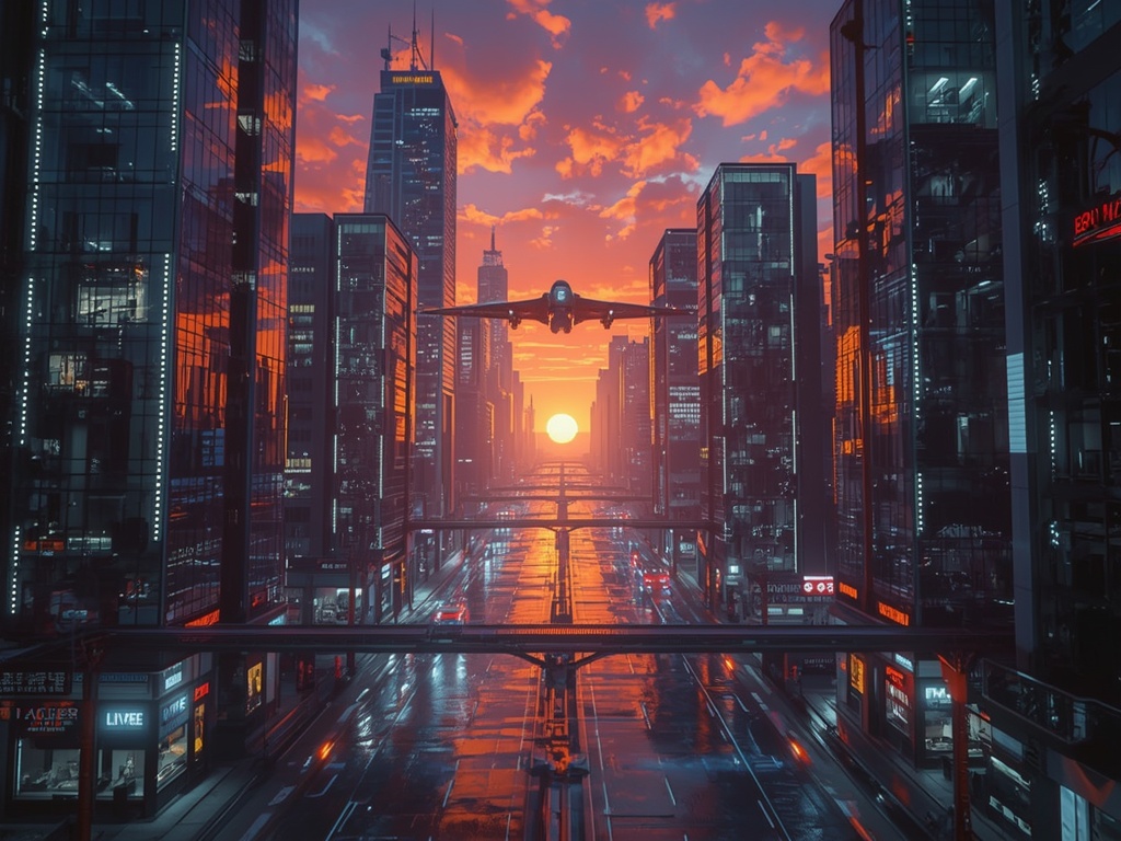 Neon Horizon: Futuristic Cityscape at Dusk