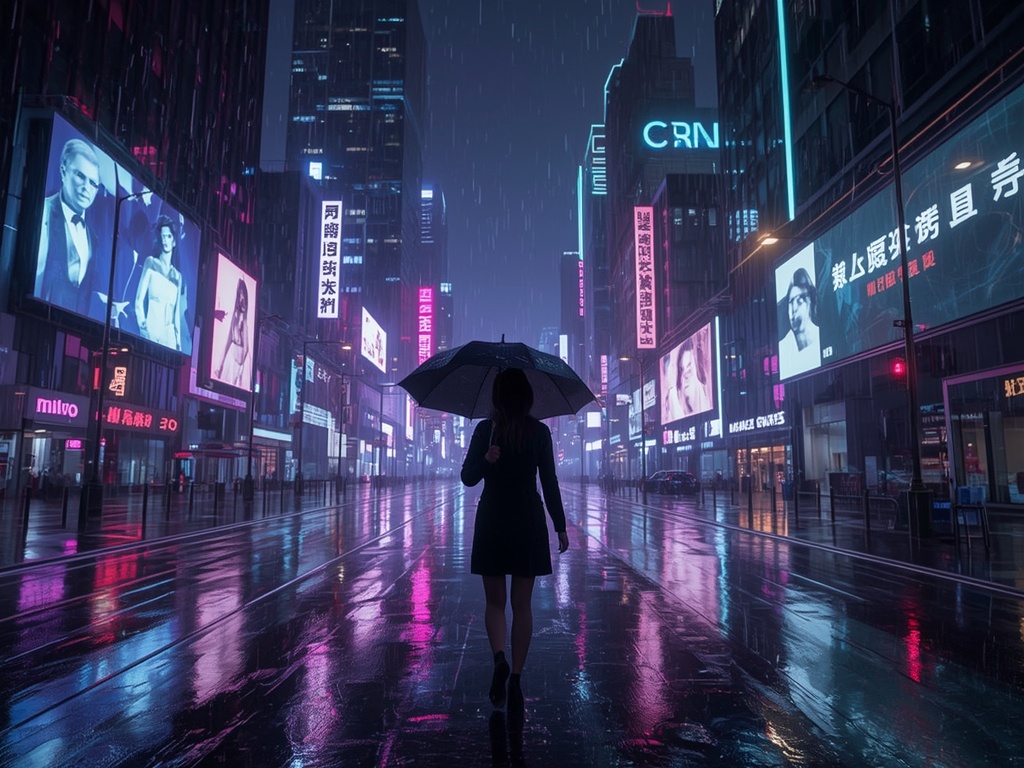 Neon Oasis: A Futuristic Rainy Night