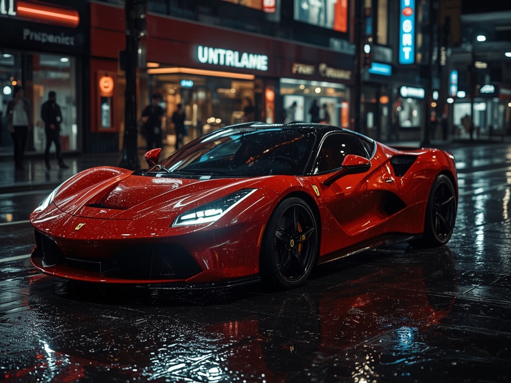 Neon Velocity: The Red Ferrari SF90 at Midnight