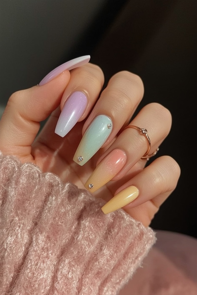 Pastel Gradient Nail Art with Gold Accents