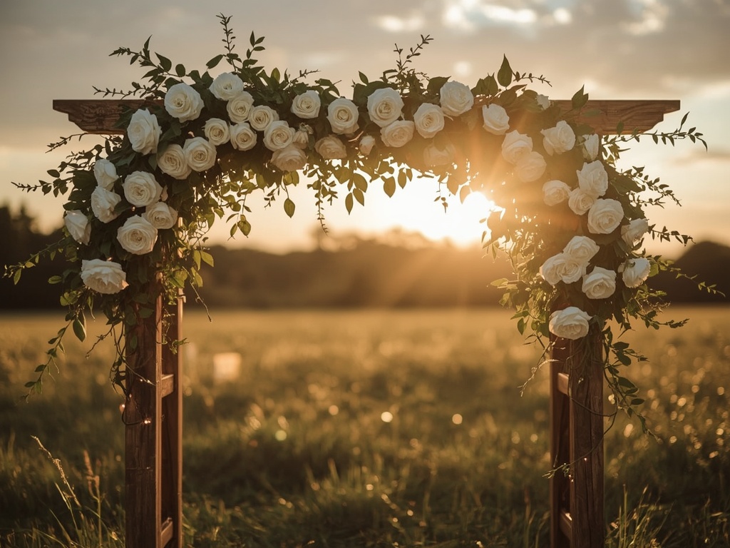Rustic Elegance: Golden Hour Wedding Arch Decor
