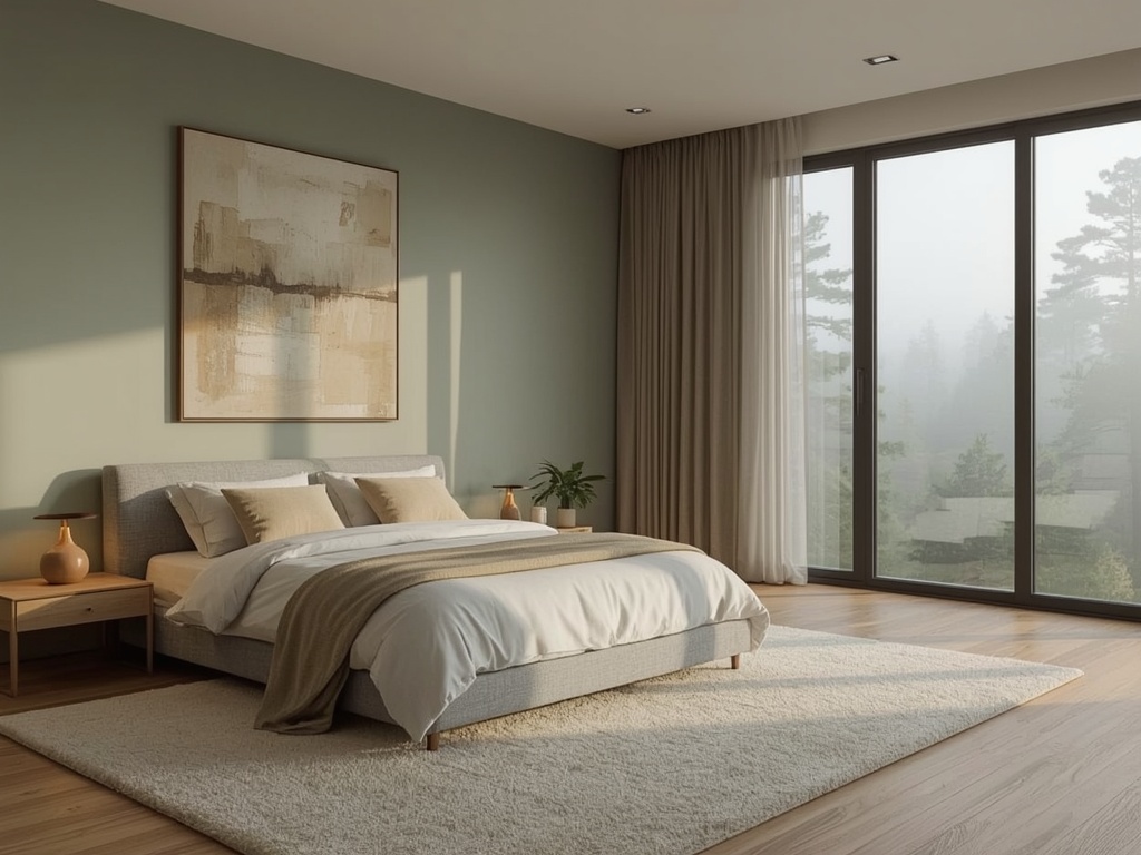 Sage Green Serenity: Minimalist Bedroom with Forest View