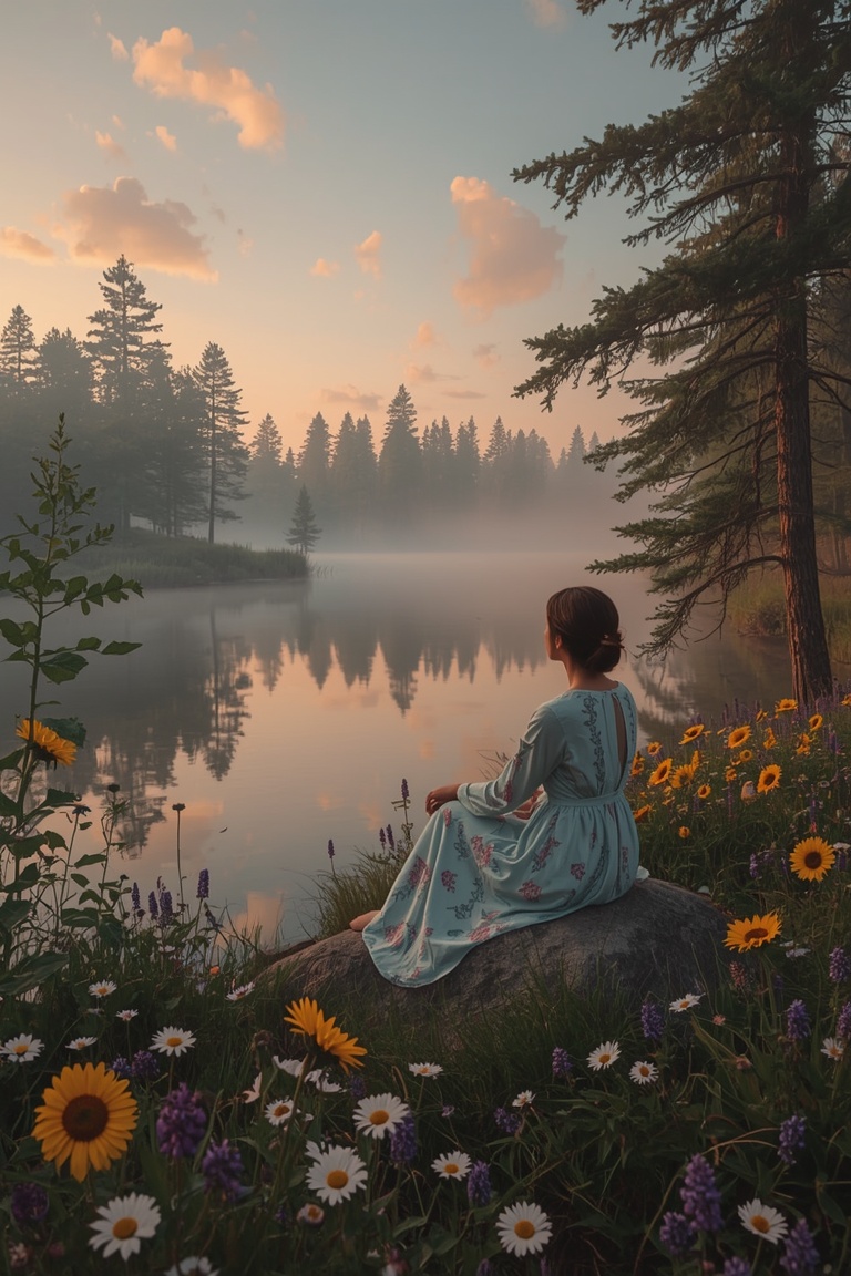 Serene Dawn by the Misty Lake
