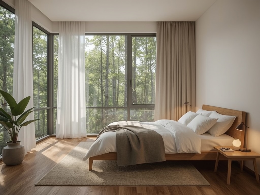 Serene Minimalist Bedroom Retreat with Forest View