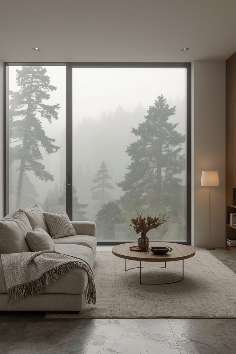 Serene Minimalist Living Room with Forest View