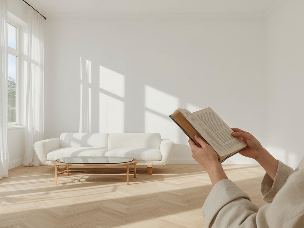 Serene Minimalist Living Room with Reading Figure