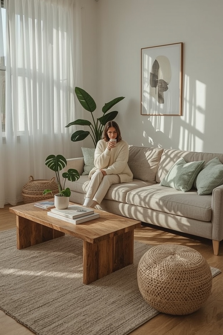 Serene Scandinavian Living Room with Warm Sunlight