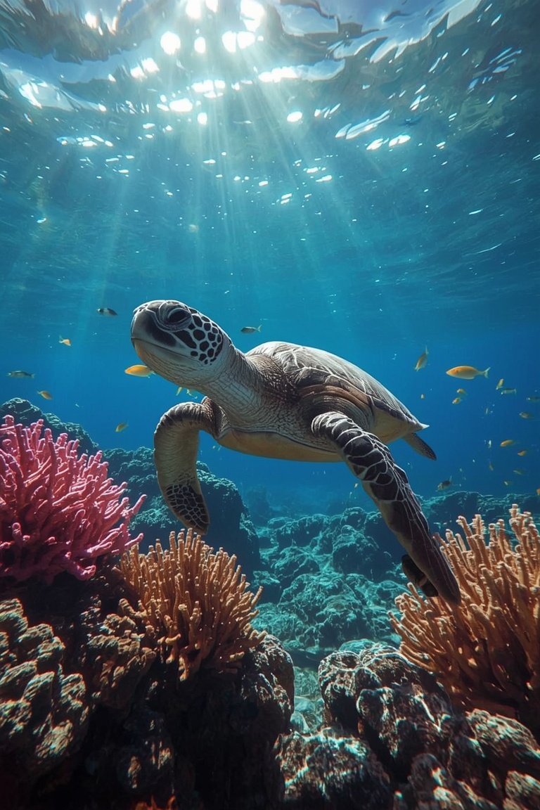 Serene Sea Turtle in Bioluminescent Coral Garden