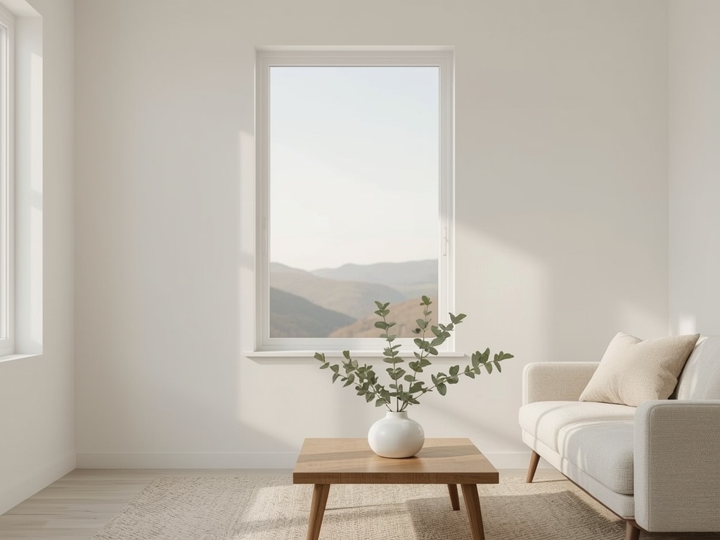 Serene Simplicity: Minimalist Living Room with Mountain View