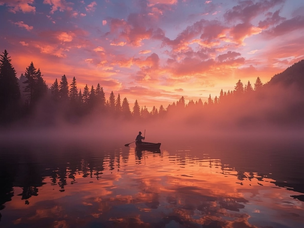 Serene Sunrise Over Misty Mountain Lake