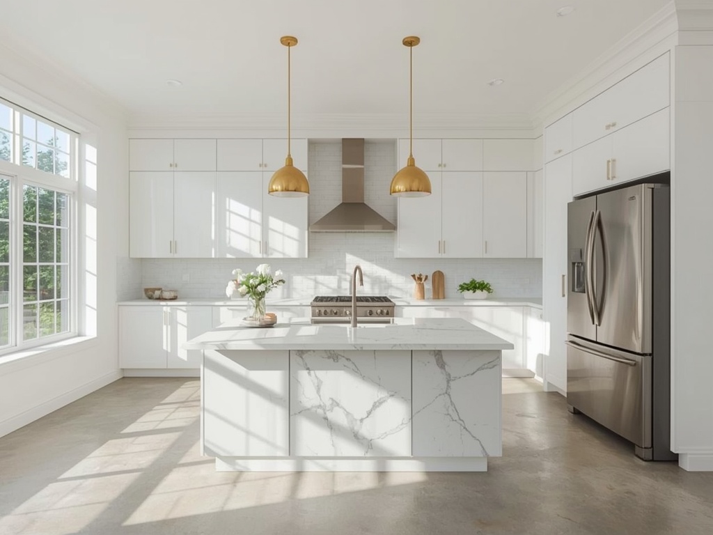 Sleek Modern Kitchen with Marble Island and Gold Accents