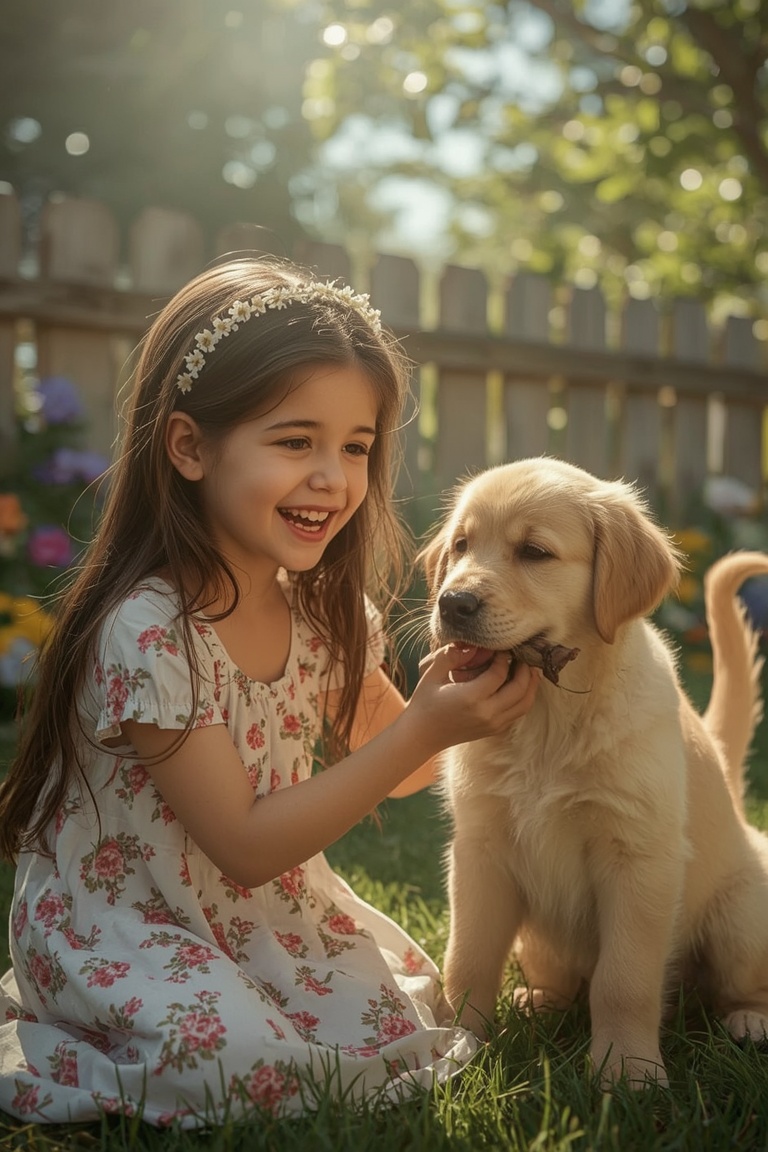 Sunlit Joy: A Moment Between a Girl and Her Puppy