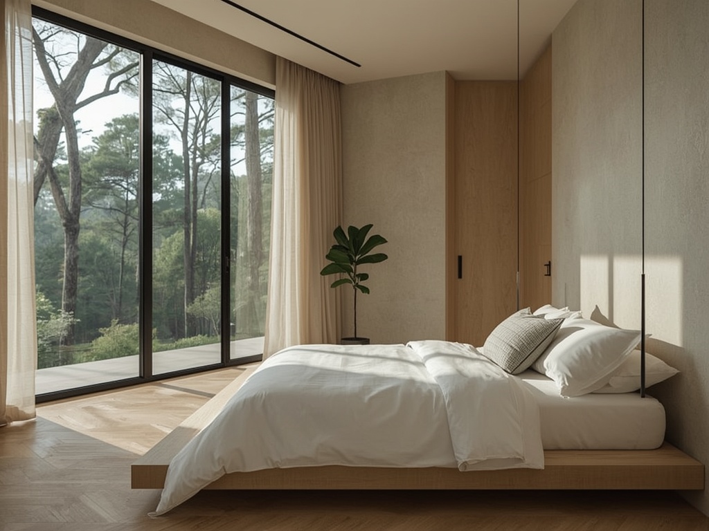 Sunlit Serenity: Minimalist Bedroom with Forest Views