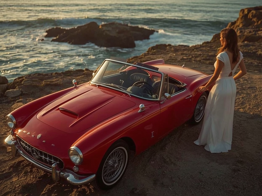 Sunset Elegance: Vintage Convertible by the Sea
