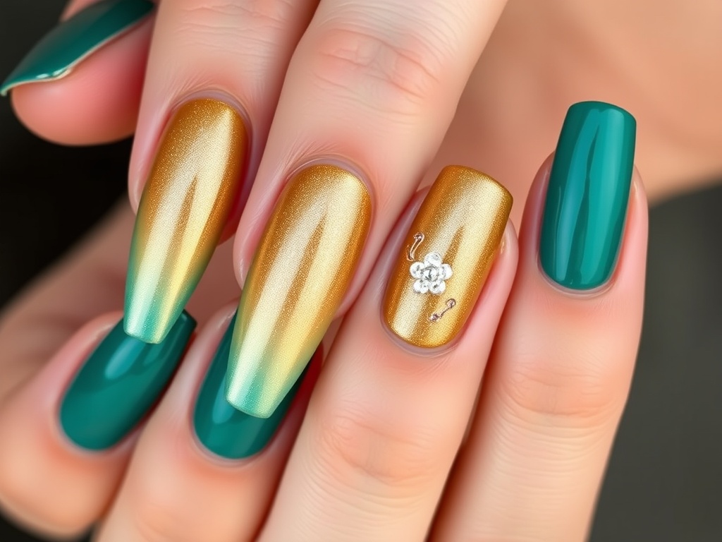 Teal Gold Glam: Floral Accent Nails
