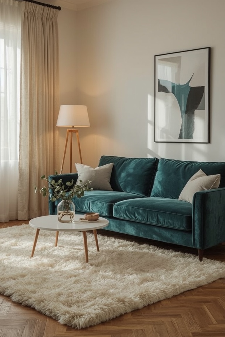 Teal Velvet Serenity: Modern Living Room Inspiration