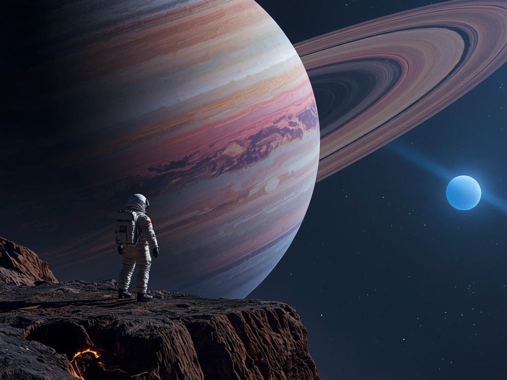 The Cosmic Gaze: Ringed Giant over Desolate Moon