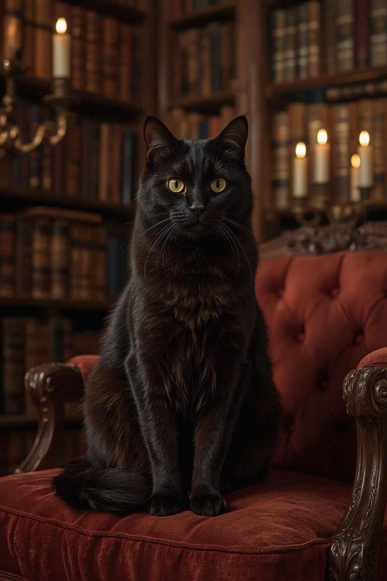 The Watchful Cat in the Gothic Library