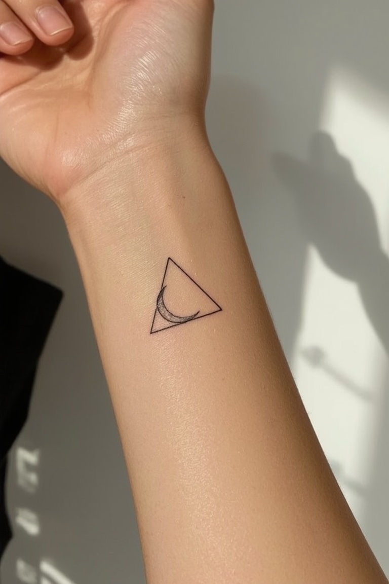 Tiny Crescent Moon Geometric Tattoo Design