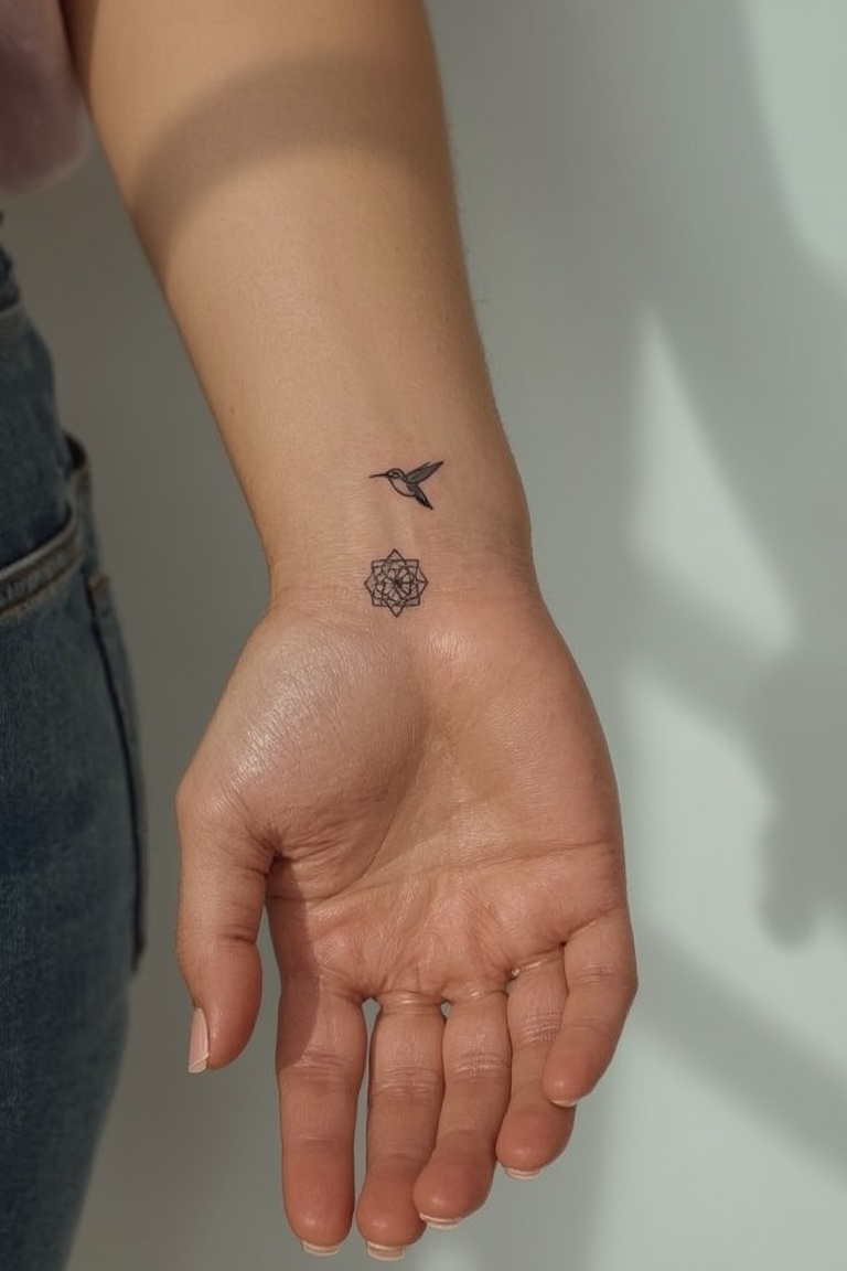 Tiny Hummingbird Mandala Wrist Tattoo