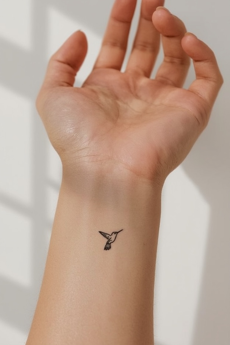 Tiny Hummingbird Wrist Tattoo