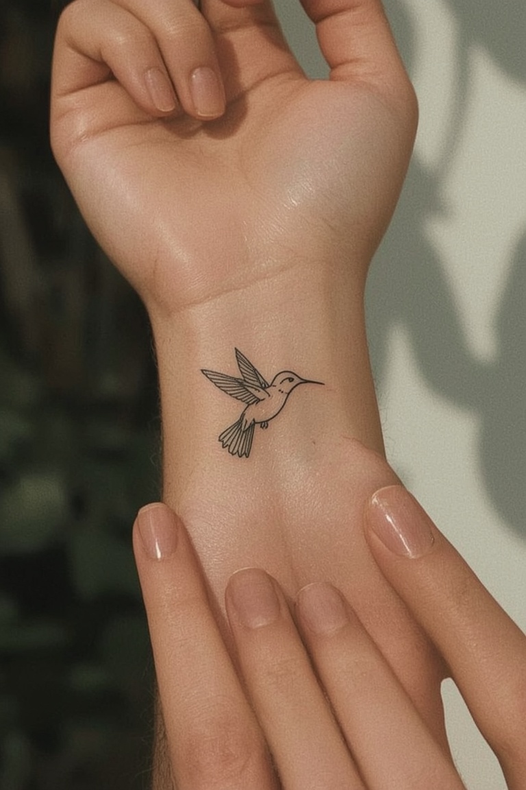 Tiny Hummingbird Wrist Tattoo