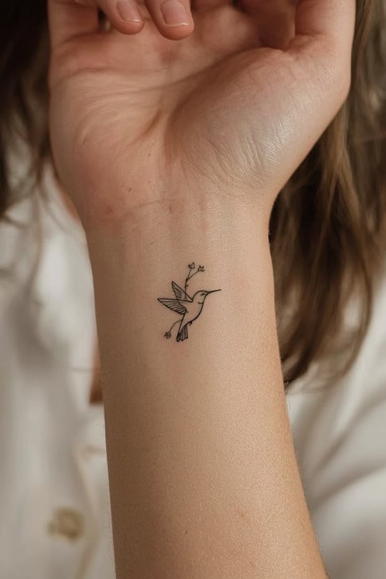 Tiny Hummingbird Wrist Tattoo – Minimalist Line Art