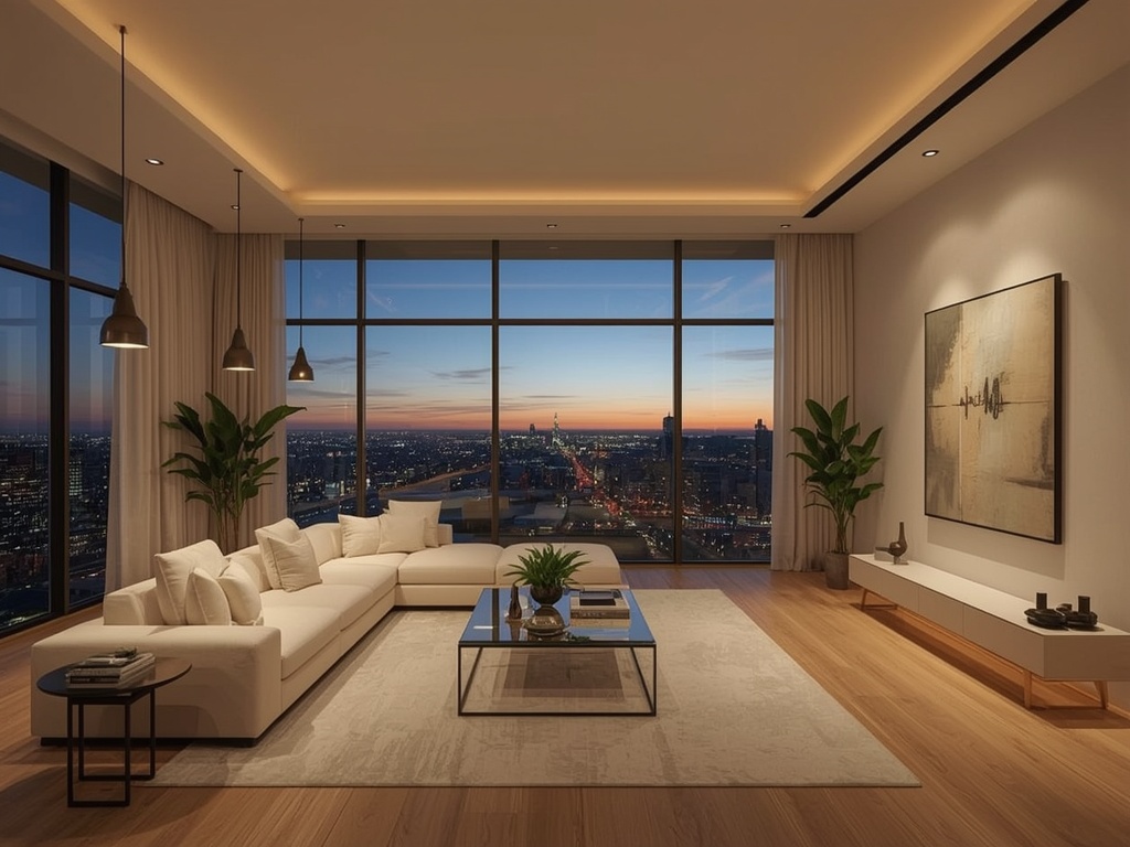 Twilight Elegance: Modern Living Room with City Views