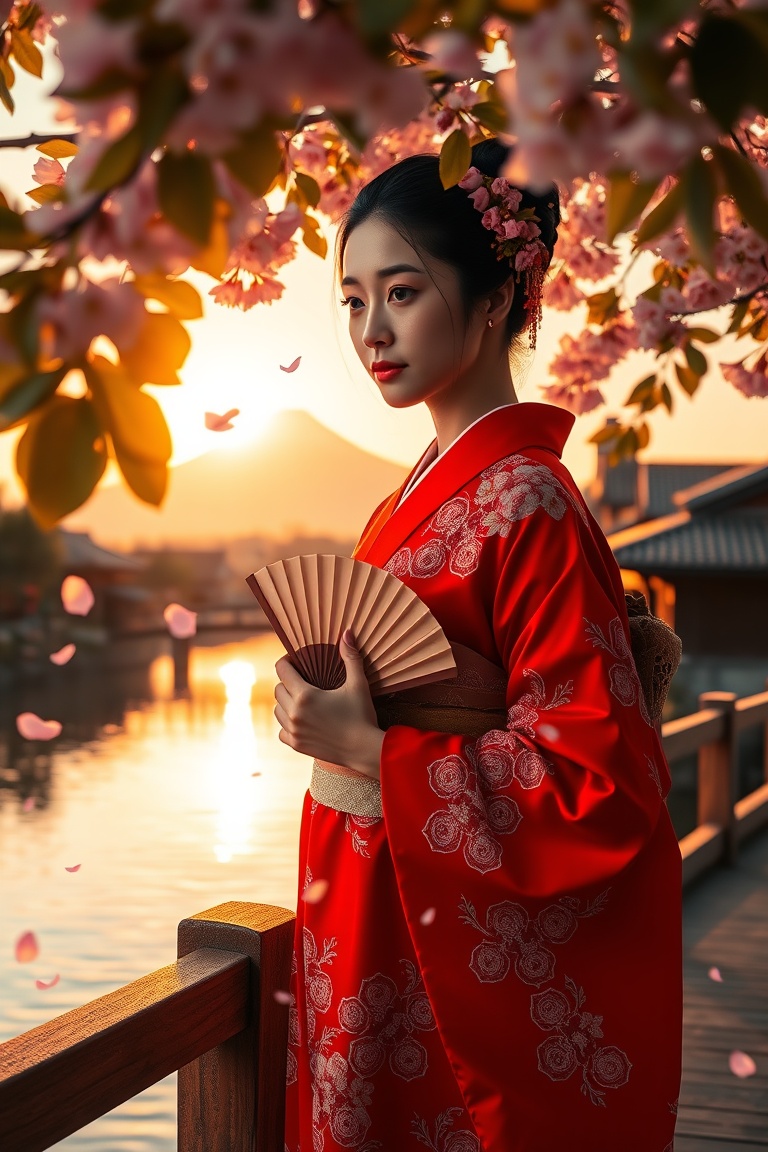 Twilight Geisha Over the Crimson Bridge