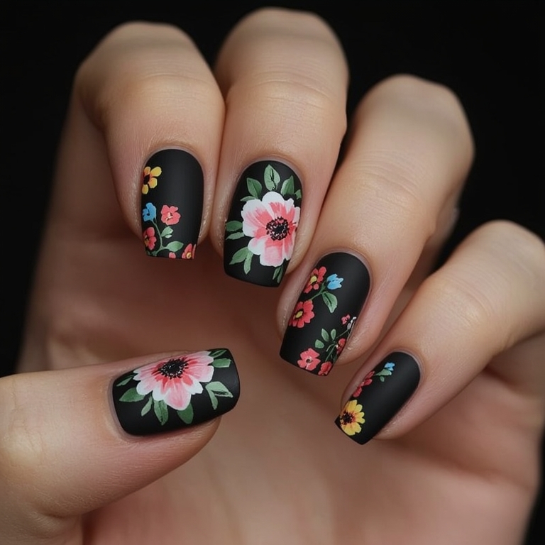 Vibrant Neon Floral Nail Art on Matte Black